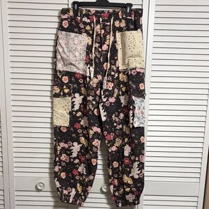 POL Floral Patchwork Drawstring Jogger Pants - Black Base with Pastel Patches